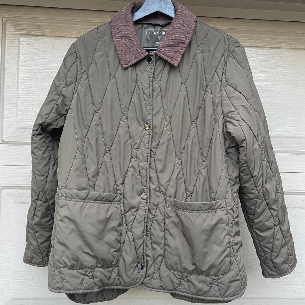 Bernardo EcoPlume Quilted Jacket Olive Green Corduroy Collar Women's Medium